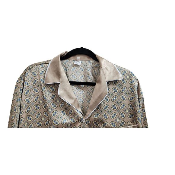 Luxury 100% Silk Pajama Set Women’s Beige Blue Geometric Print Button Top & Pant - Picture 3 of 10